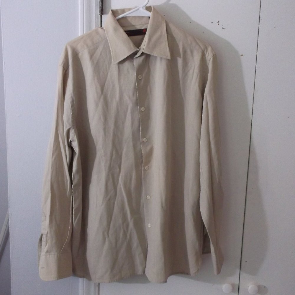 Perry Ellis America Tan Windowpane Shirt L